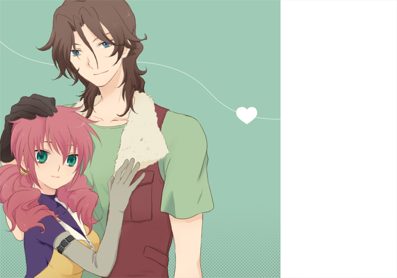 plum (arch), feldt grace, lockon stratos, gundam, gundam 00, hand on head, 00s, 1boy, 1girl, blue eyes, brown hair, drill hair, elbow gloves, gloves, green eyes, headpat, heart, pink hair, simple background, smile, twintails, vest