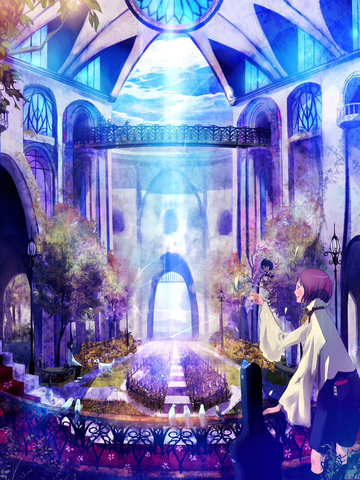 shigureteki, original, highres, bird, day, dog, instrument case, red hair, short hair, sitting, tree