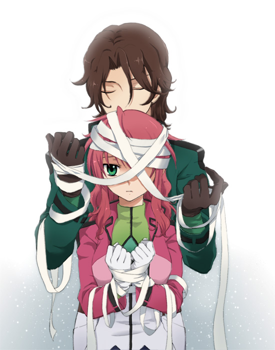 plum (arch), feldt grace, lockon stratos, lyle dylandy, gundam, gundam 00, 00s, bandages, brown gloves, brown hair, gloves, jacket, pink hair, white gloves