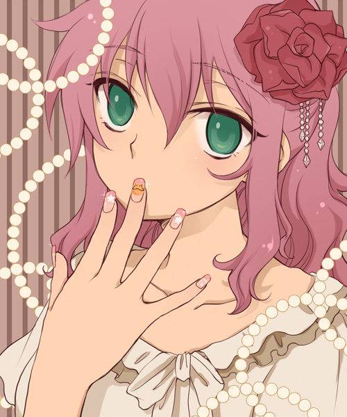 plum (arch), feldt grace, haro, takagaki ayahi, gundam, gundam 00, 00s, 1girl, applying manicure, blouse, female focus, fingernails, flower, gem, green eyes, hair flower, hair ornament, jewelry, nail (hardware), nail art, nail polish, pearl (gemstone), pink hair, pink nails, ponytail, rose, shirt, solo, star (symbol), voice actor connection