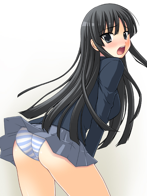 abu, akiyama mio, k-on!, 00s, 1girl, ass, black hair, female focus, panties, school uniform, solo, striped clothes, striped panties, underwear