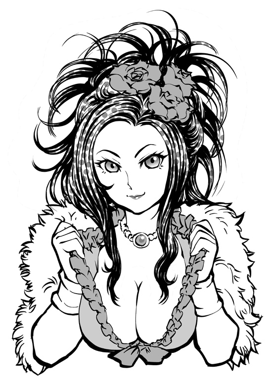 ueyama michirou, deborah (dq5), dragon quest, dragon quest v, 1girl, breasts, cleavage, female focus, flower, greyscale, hair flower, hair ornament, jewelry, large breasts, monochrome, necklace, smile, solo