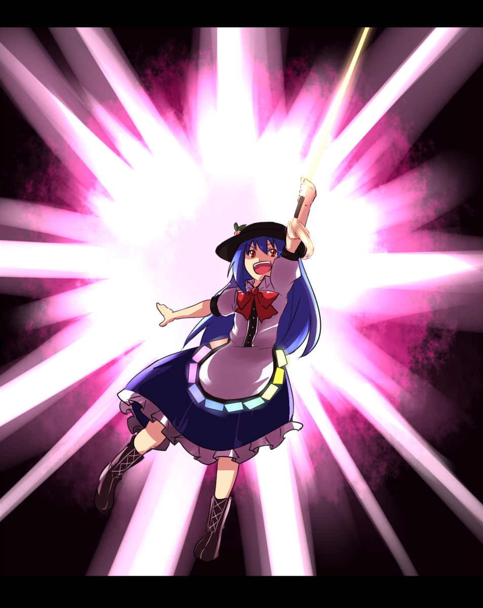 reon (pixiv), reon (saikyou), hinanawi tenshi, touhou, bad id, bad pixiv id, highres, 1girl, blue hair, female focus, full body, letterboxed, solo, sword, sword of hisou, weapon