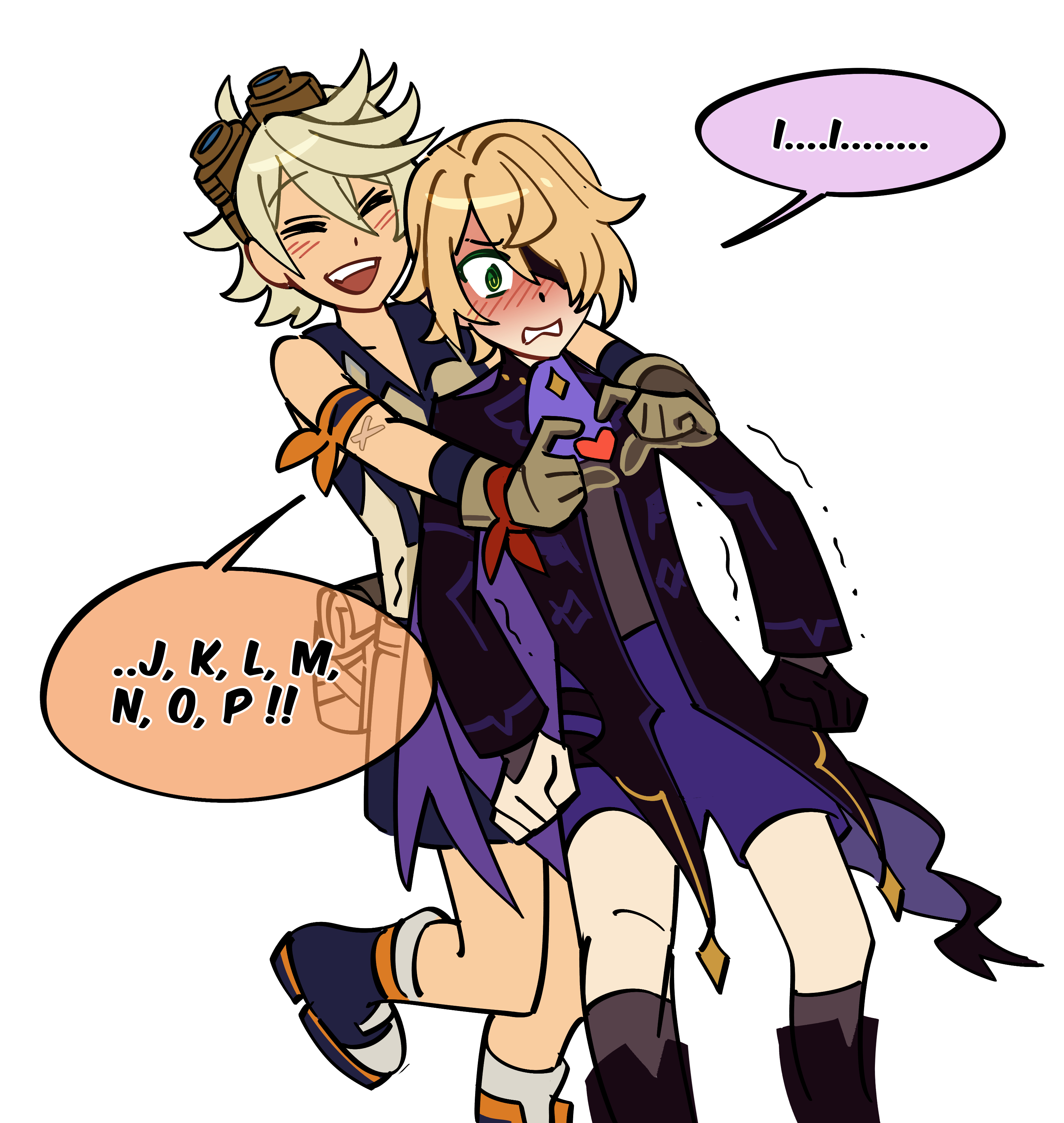 rockboi4u, bennett (genshin impact), fischl (genshin impact), genshin impact, absurdres, highres, 1boy, 1girl, @ @, adapted costume, arm scarf, behind another, blonde hair, blush, boots, cutbu's alphabet comic (meme), eyepatch, facing another, foot up, genderswap, genderswap (ftm), genderswap (mtf), gloves, goggles, goggles on head, green eyes, grey hair, hair between eyes, heart, heart hands, jacket, long sleeves, looking ahead, meme, nervous, nose blush, one eye covered, open clothes, open jacket, scar, scar on arm, shoes, short hair, shorts, simple background, single glove, smile, standing, standing on one leg, stutter, trembling, v-shaped eyebrows, vest