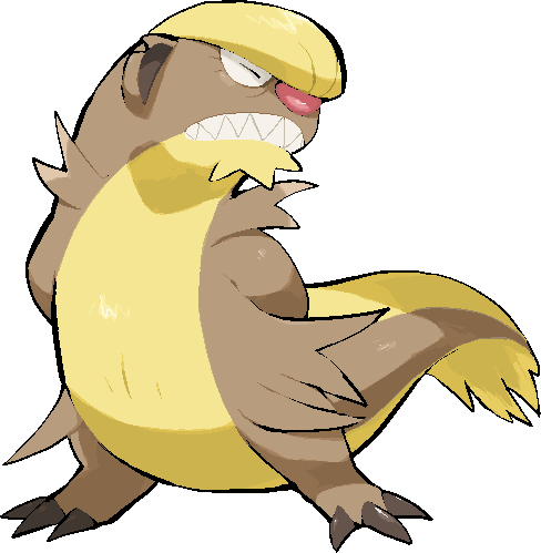 kawaanago, gumshoos, nintendo, pokemon, commentary request, lowres, arms behind back, claws, closed eyes, full body, gen 7 pokemon, no humans, pokemon (creature), pokemon focus, sharp teeth, solo, teeth, transparent background