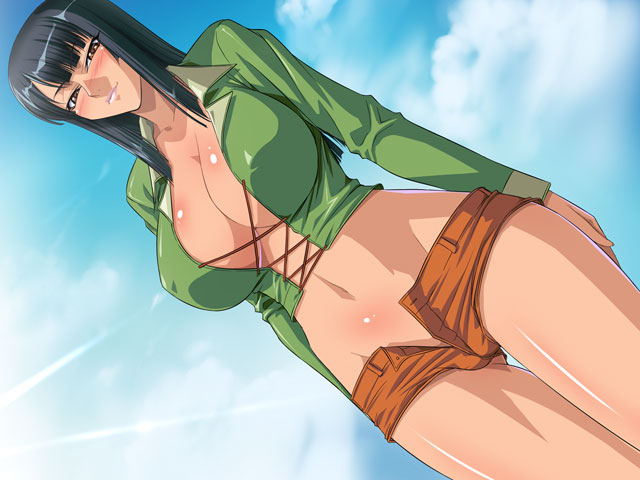 kagami hirotaka, nico robin, one piece, 1girl, black hair, blush, breasts, brown eyes, cloud, day, denim, denim shorts, female focus, huge breasts, midriff, navel, open fly, short shorts, shorts, sky, solo, unzipped