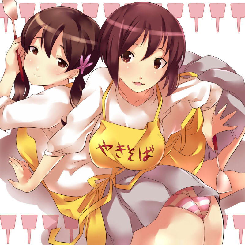 yoshiron, kimura fumie, namayake girls, k-on!, extra, translated, 00s, 2girls, all fours, apron, ass, breasts, brown hair, flower, hair flower, hair ornament, large breasts, multiple girls, panties, short hair, spatula, striped clothes, striped panties, twintails, underwear
