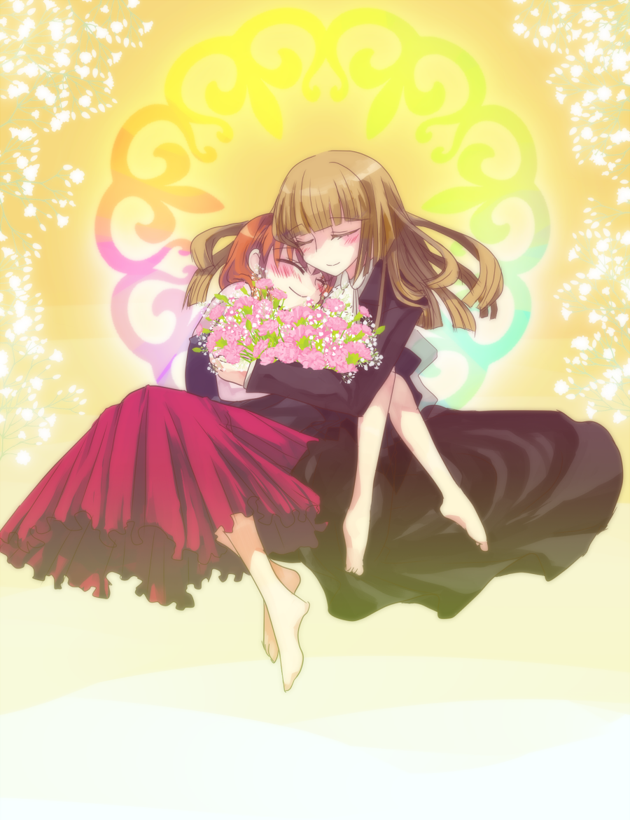 hanui, ushiromiya maria, ushiromiya rosa, umineko no naku koro ni, bad id, bad pixiv id, 00s, 2girls, age difference, barefoot, brown hair, feet, flower, hime cut, hug, long hair, mother and daughter, multiple girls, orange hair, short hair, smile