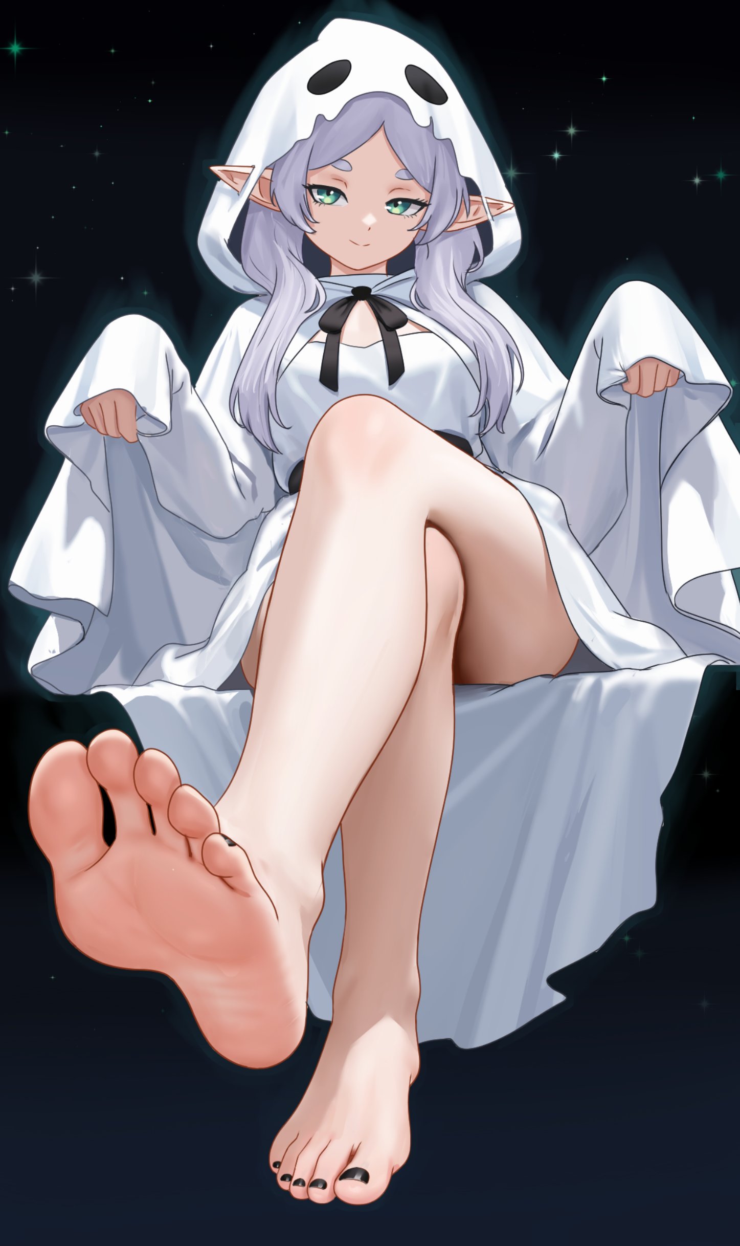 nihu, frieren, sousou no frieren, absurdres, commentary, english commentary, highres, 1girl, alternate costume, bare legs, barefoot, black nails, breasts, cape, crossed legs, dress, elf, feet, foot focus, ghost costume, ghost pose, green eyes, halloween costume, hood, hood up, legs, long hair, looking at viewer, nail polish, parted bangs, pointy ears, sitting, small breasts, smile, soles, solo, thighs, toenail polish, toenails, toes, twintails, white cape, white dress, white hair, white hood