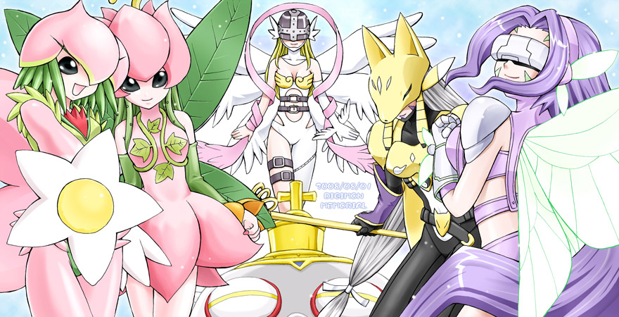 tadasawa, yuizawa, angewomon, fairimon, lilamon, lilimon, sakuyamon, shakkoumon, digimon, digimon adventure 02, digimon frontier, digimon savers, digimon tamers, silver hair, 00s, 5girls, armor, blonde hair, breastplate, buckle, covered eyes, digimon (creature), dress, elbow gloves, flower, gloves, green hair, multiple girls, nail polish, plant, purple hair, smile, vines, wings