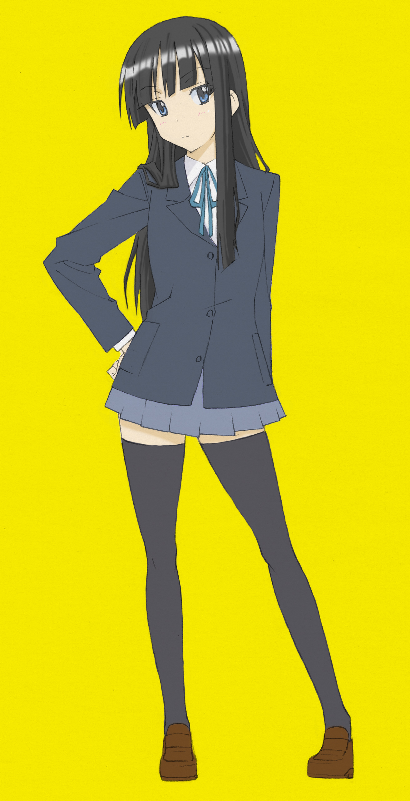 lemon tea, akiyama mio, k-on!, absurdres, bad id, bad pixiv id, highres, scan, traditional media, 00s, 1girl, black hair, blue eyes, blunt bangs, blush, female focus, full body, hand on own hip, hime cut, hip focus, loafers, long hair, ribbon, school uniform, shoes, simple background, skirt, solo, standing, thighhighs, zettai ryouiki