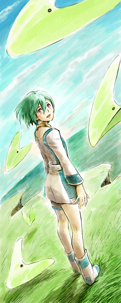 1ichi, eureka (eureka seven), eureka seven, eureka seven (series), 00s, 1girl, boots, creature, female focus, green hair, red eyes, short hair, solo, white boots