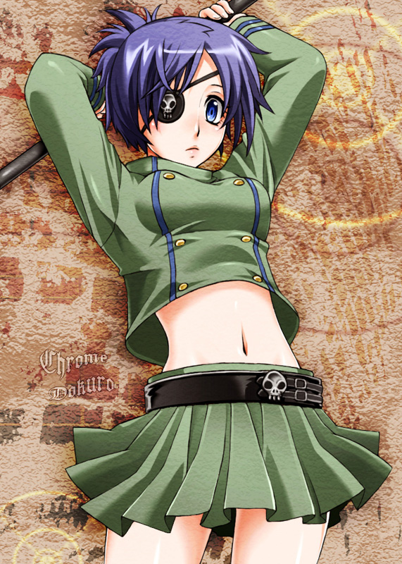 tadasawa, yuizawa, chrome dokuro, katekyo hitman reborn!, 00s, 1girl, arms up, belt, blue eyes, breasts, buttons, eyepatch, female focus, jacket, looking down, midriff, miniskirt, pleated skirt, purple hair, short hair, skirt, skull, solo, staff