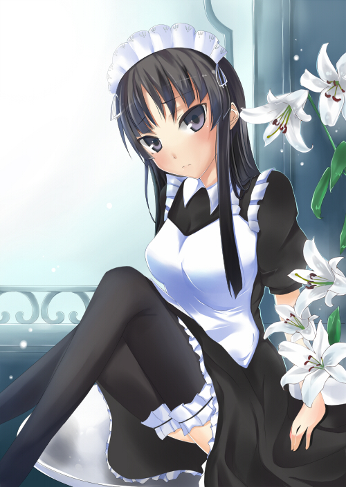 iro, iro (sekaixiro), akiyama mio, k-on!, bad id, bad pixiv id, 00s, 1girl, alternate costume, apron, black hair, blunt bangs, blush, enmaided, female focus, flower, frilled thighhighs, frills, headdress, hime cut, lingerie, long hair, maid, maid apron, maid headdress, petticoat, purple eyes, solo, thighhighs, underwear, zettai ryouiki