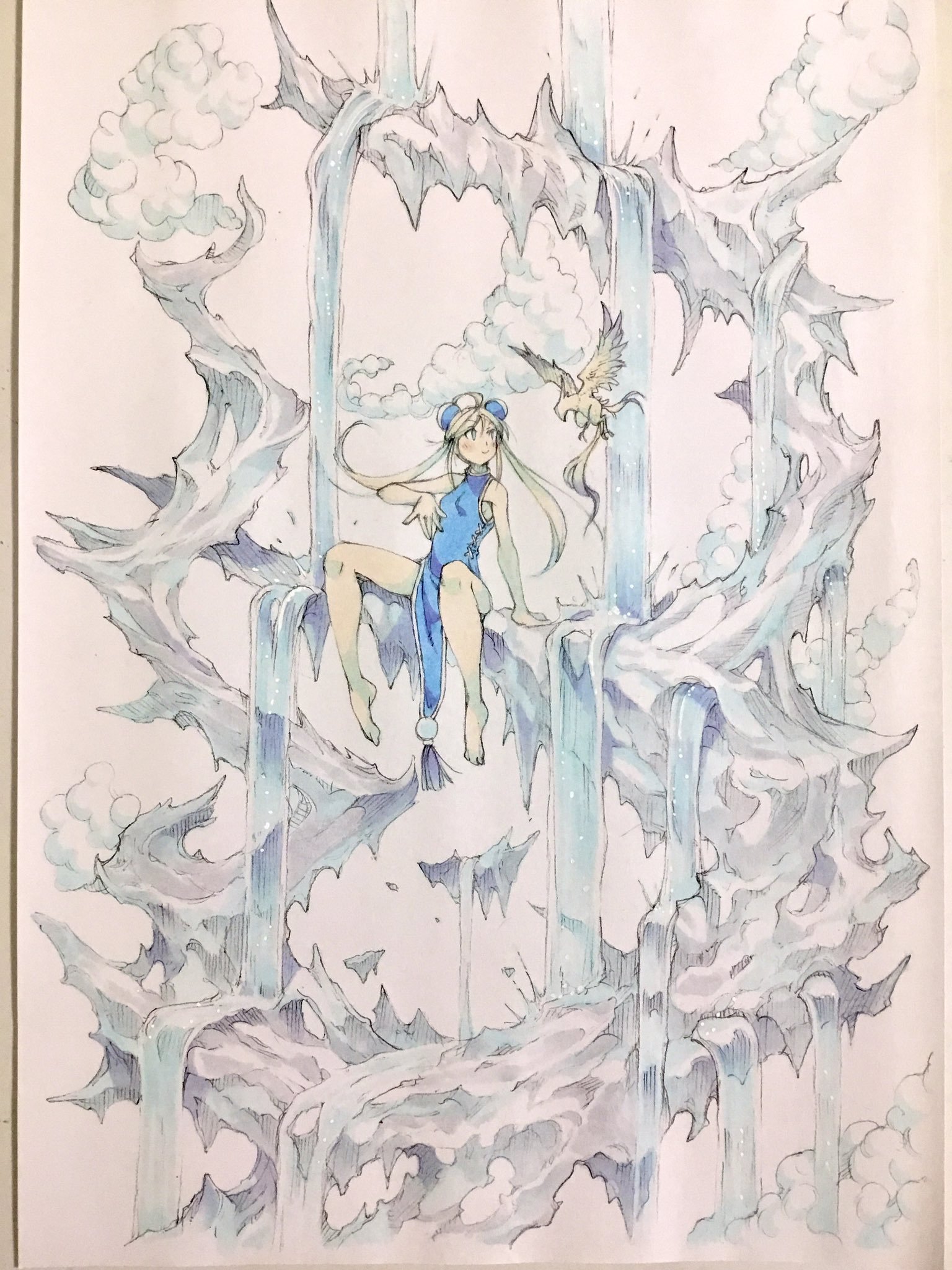 peter salt, original, commentary, highres, traditional media, 1girl, ahoge, bare arms, bare legs, barefoot, bird, blonde hair, blue dress, breasts, bun cover, china dress, chinese clothes, cloud, double bun, dress, fantasy, floating island, flying, grey eyes, hair bun, looking at animal, pelvic curtain, scenery, sitting, sleeveless, sleeveless dress, small breasts, tassel, twintails, water, waterfall