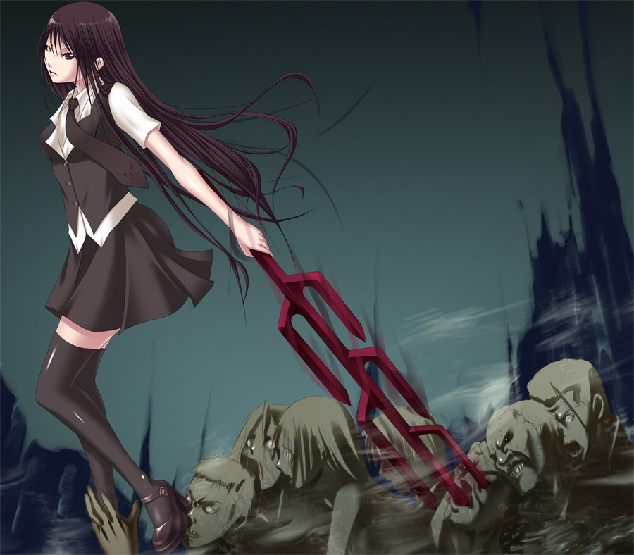 shokuyou mogura, isoyama izumi, ga-rei, ga-rei zero, bad id, bad pixiv id, 00s, black hair, brown eyes, long hair, necktie, skirt, solo, thighhighs, weapon, yellow eyes, zettai ryouiki