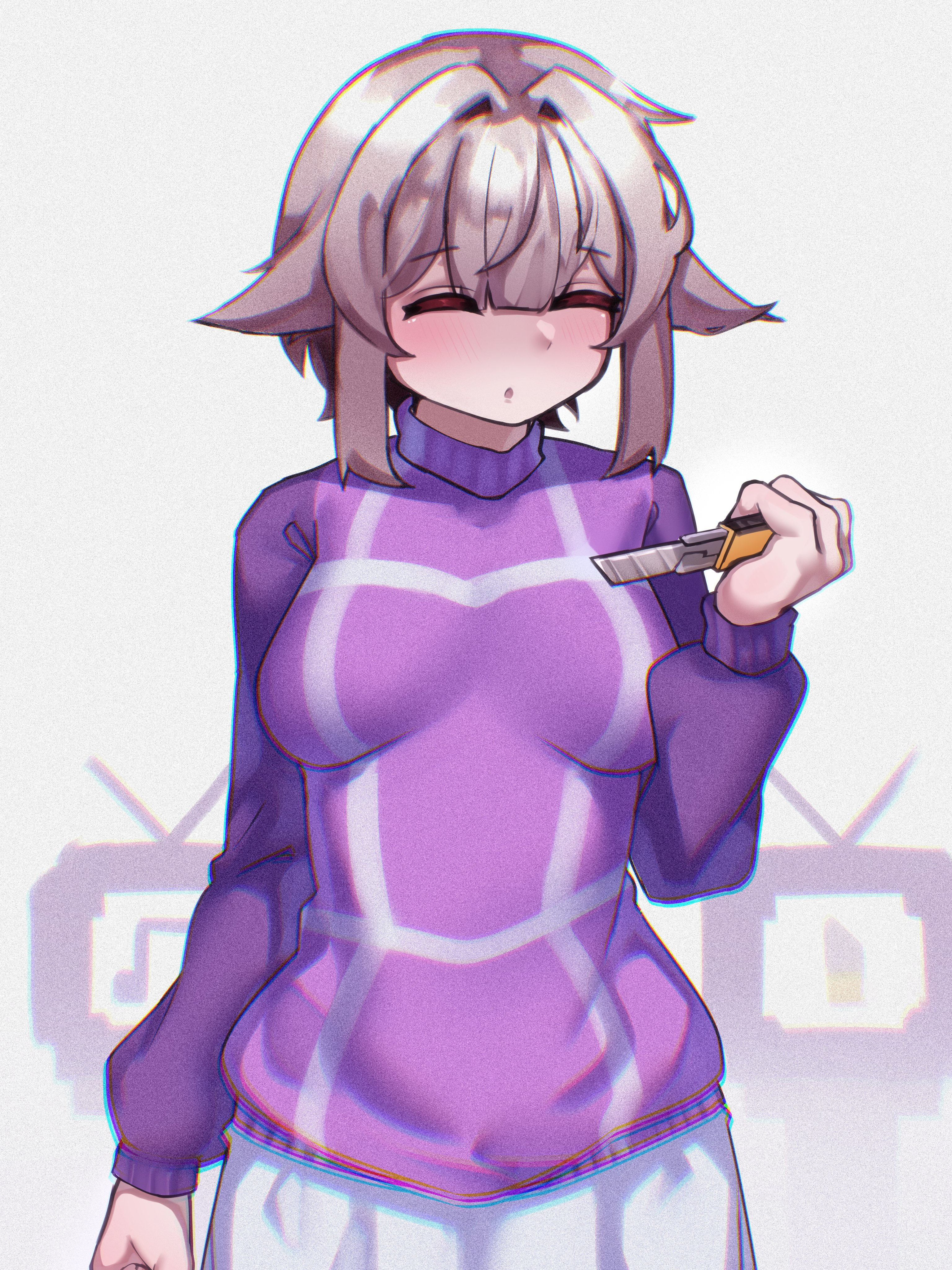 jahe png, urotsuki, yume 2kki, absurdres, commentary, english commentary, highres, 1girl, blush, boxcutter, brown hair, chromatic aberration, closed eyes, cowboy shot, hair flaps, hair intakes, holding, holding boxcutter, no bra, parted lips, plaid clothes, plaid sweater, purple sweater, short hair, sidelocks, skirt, solo, sweater, turtleneck, turtleneck sweater, white skirt