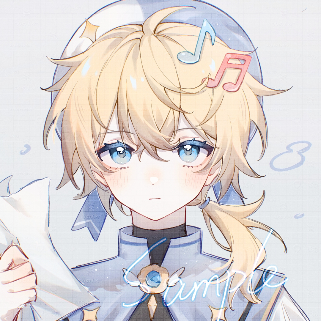 original, 1boy, ahoge, bai li xuan, blonde hair, blue eyes, blue hat, blue shirt, blush, closed mouth, fortissimo, hair between eyes, hair ornament, hat, long hair, looking at viewer, male focus, musical note, musical note hair ornament, portrait, sample watermark, shirt, solo, watermark