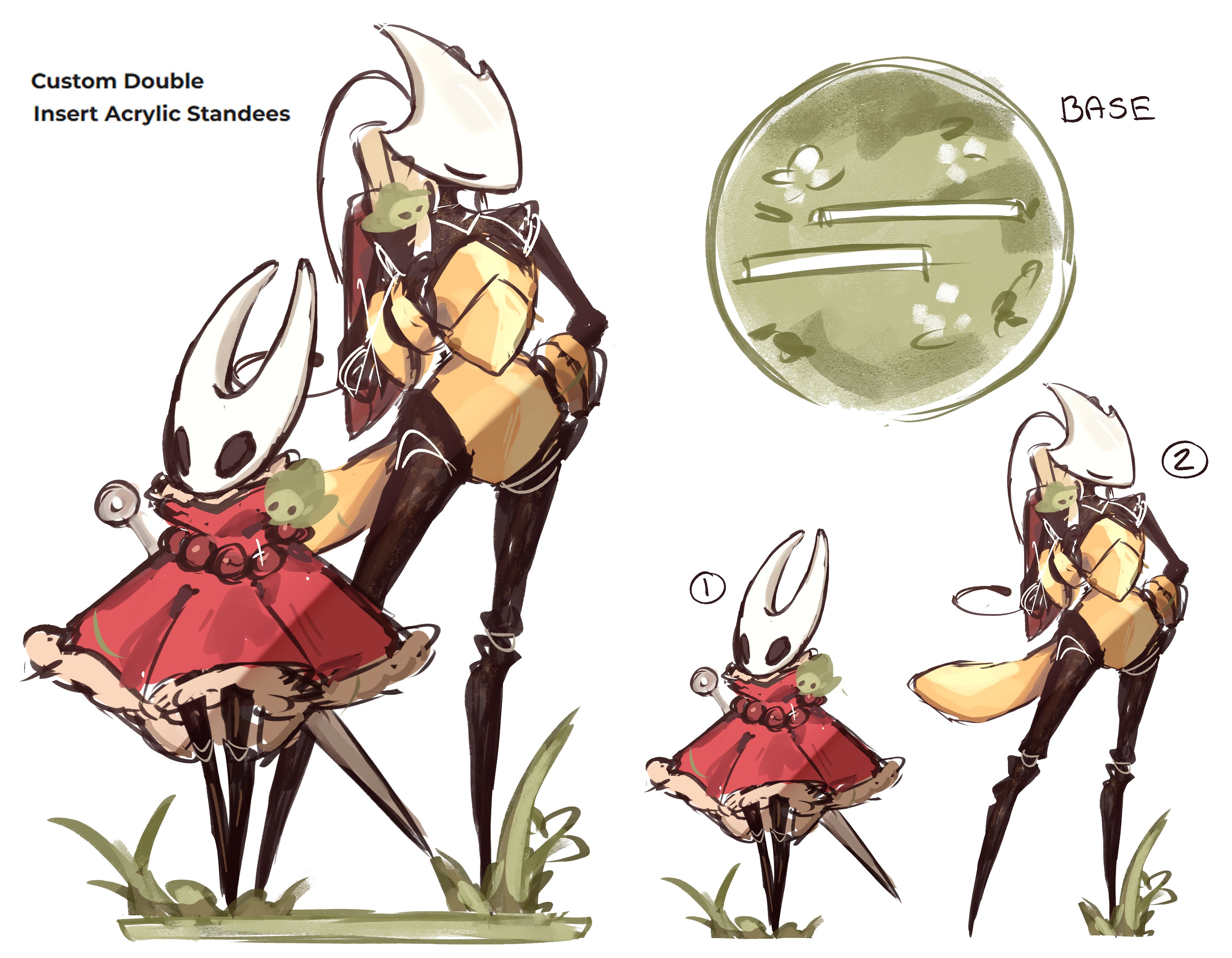 momoiiroo, hornet (hollow knight), shakra (hollow knight), hollow knight, hollow knight: silksong, absurdres, commentary, english commentary, highres, 2girls, antennae, arthropod girl, bag, bare shoulders, black eyes, black skin, bracelet, cloak, colored skin, full body, fur-trimmed cloak, fur trim, gold bracelet, hollow eyes, horned mask, jewelry, mask, multiple girls, needle (hollow knight), no mouth, red bag, red cloak, simple background, standing, weapon, weapon on back, white background, white mask