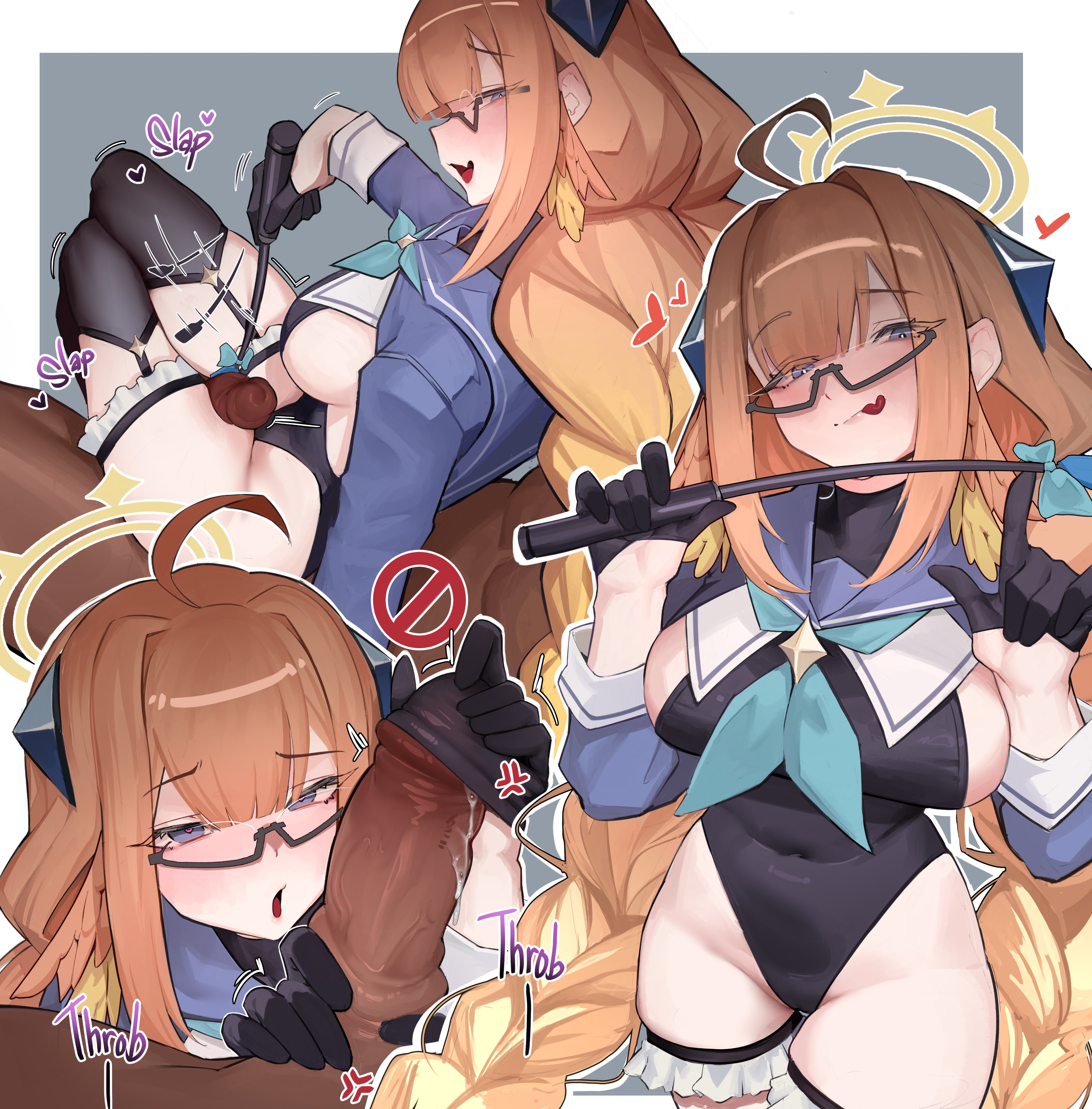 ohwl, shimiko (blue archive), shimiko (magical) (blue archive), blue archive, braided twintails, absurdres, highres, 1boy, 1girl, assertive female, black gloves, black leotard, blue shrug, blush, braid, breasts, clothed sex, erection, feather hair, femdom, garter straps, glasses, gloved handjob, gloves, halo, handjob, hetero, highleg, holding, holding riding crop, large breasts, leotard, long hair, looking at viewer, official alternate costume, open mouth, orange hair, penis, riding crop, semi-rimless eyewear, shrug (clothing), smile, thigh sex, twin braids, uncensored, under-rim eyewear