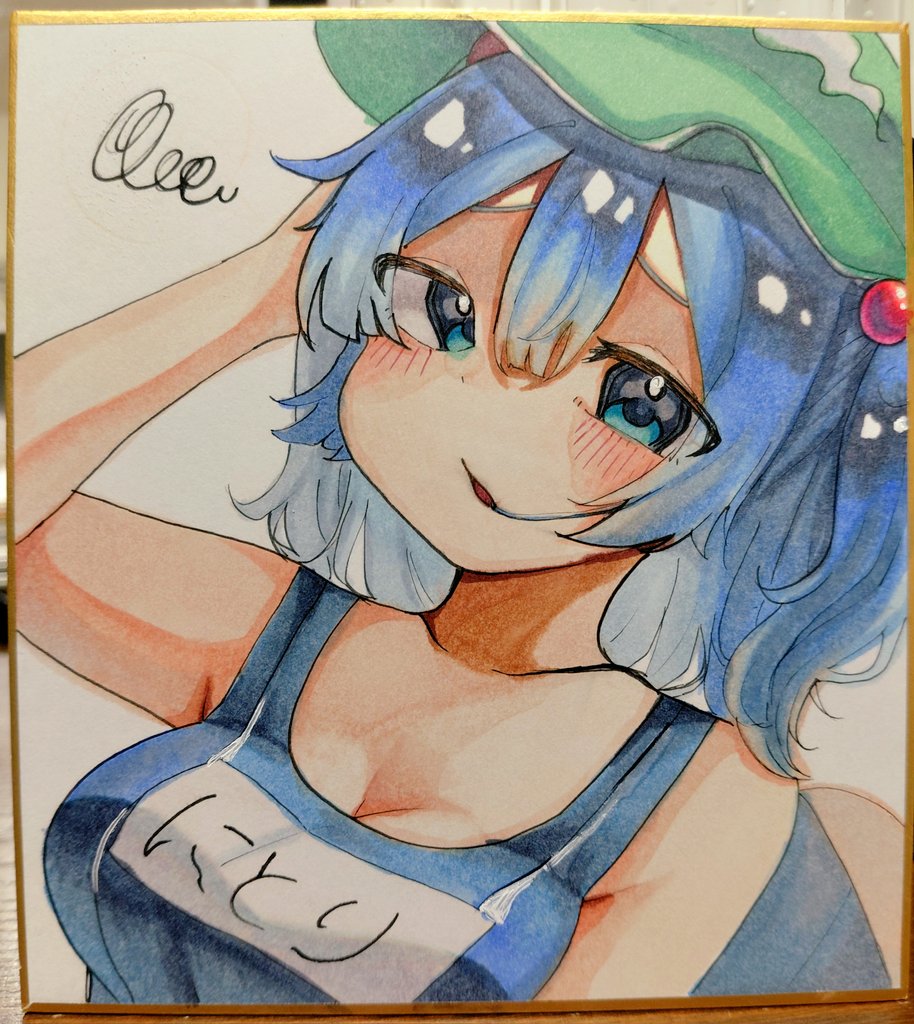inushichi, kawashiro nitori, touhou, commentary, photo (medium), traditional media, 1girl, arm behind head, blue eyes, blue hair, blush, breasts, cleavage, green hat, hat, looking at viewer, open mouth, short hair, solo, squiggle, two side up