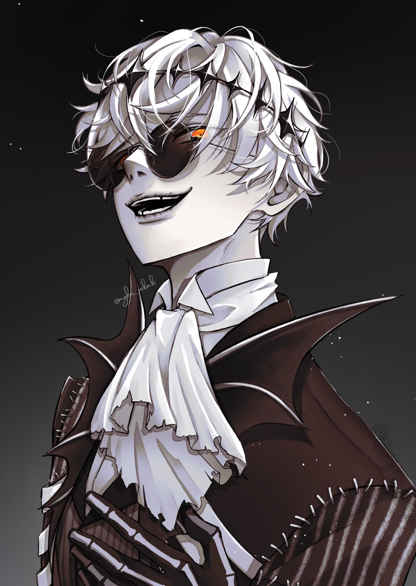 skully j. graves, twisted wonderland, highres, 1boy, ascot, black crown, black gloves, crown, diamond hairband, formal clothes, gloves, jacket, long sleeves, looking at viewer, male focus, missing tooth, nghr oekaki, orange eyes, pinstripe jacket, pinstripe pattern, pinstripe suit, pinstripe vest, round eyewear, short hair, skeleton, skeleton print, smile, solo, stitches, striped clothes, striped jacket, striped vest, suit, sunglasses, vertical-striped clothes, vertical-striped jacket, vertical-striped vest, vest, white hair