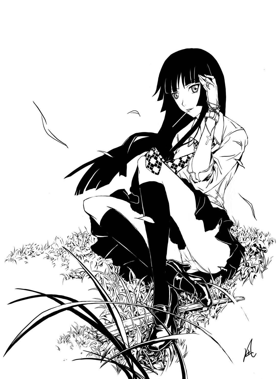 ouka010348 (pixiv), togenagi futaba, isayama yomi, ga-rei, ga-rei zero, highres, 00s, black hair, blunt bangs, cross, fingerless gloves, food, gloves, grass, greyscale, hime cut, jewelry, kneehighs, long hair, monochrome, necktie, panties, pantyshot, pocky, ring, sitting, skirt, socks, solo, underwear