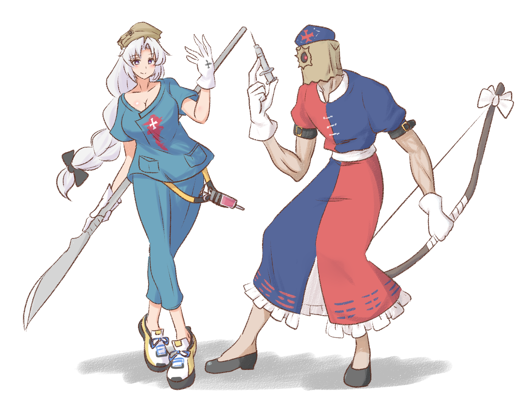 mizusoba, faust (guilty gear), yagokoro eirin, guilty gear, touhou, highres, 1boy, 1girl, bag, bag over head, black shoes, blue dress, blue hat, bow (weapon), bright pupils, brown hat, closed mouth, cosplay, costume switch, dress, full body, gloves, glowing, glowing eye, glowing eyes, grey eyes, grey hair, hat, holding, holding bow (weapon), holding syringe, holding weapon, long hair, looking at viewer, paper bag, red dress, red eyes, shoes, simple background, smile, sneakers, syringe, trigram, two-tone dress, very long hair, weapon, white background, white gloves, white pupils