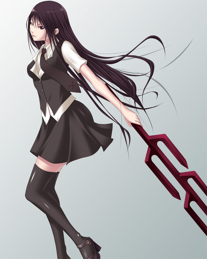 shokuyou mogura, isoyama izumi, ga-rei, ga-rei zero, bad id, bad pixiv id, 00s, 1girl, black hair, brown eyes, female focus, high heels, long hair, mary janes, necktie, shoes, skirt, solo, thighhighs, weapon, yellow eyes, zettai ryouiki