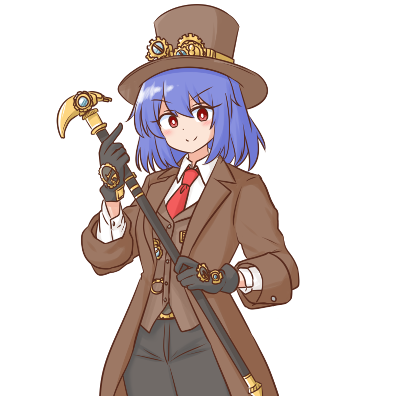 mizusoba, nagae iku, touhou, commentary request, 1girl, alternate costume, black gloves, black pants, blush, bright pupils, brown coat, brown hair, brown shirt, cane, closed mouth, coat, gloves, hat, long sleeves, looking at viewer, necktie, pants, red eyes, red necktie, shirt, simple background, smile, solo, steampunk, top hat, v-shaped eyebrows, white background, white pupils, white shirt