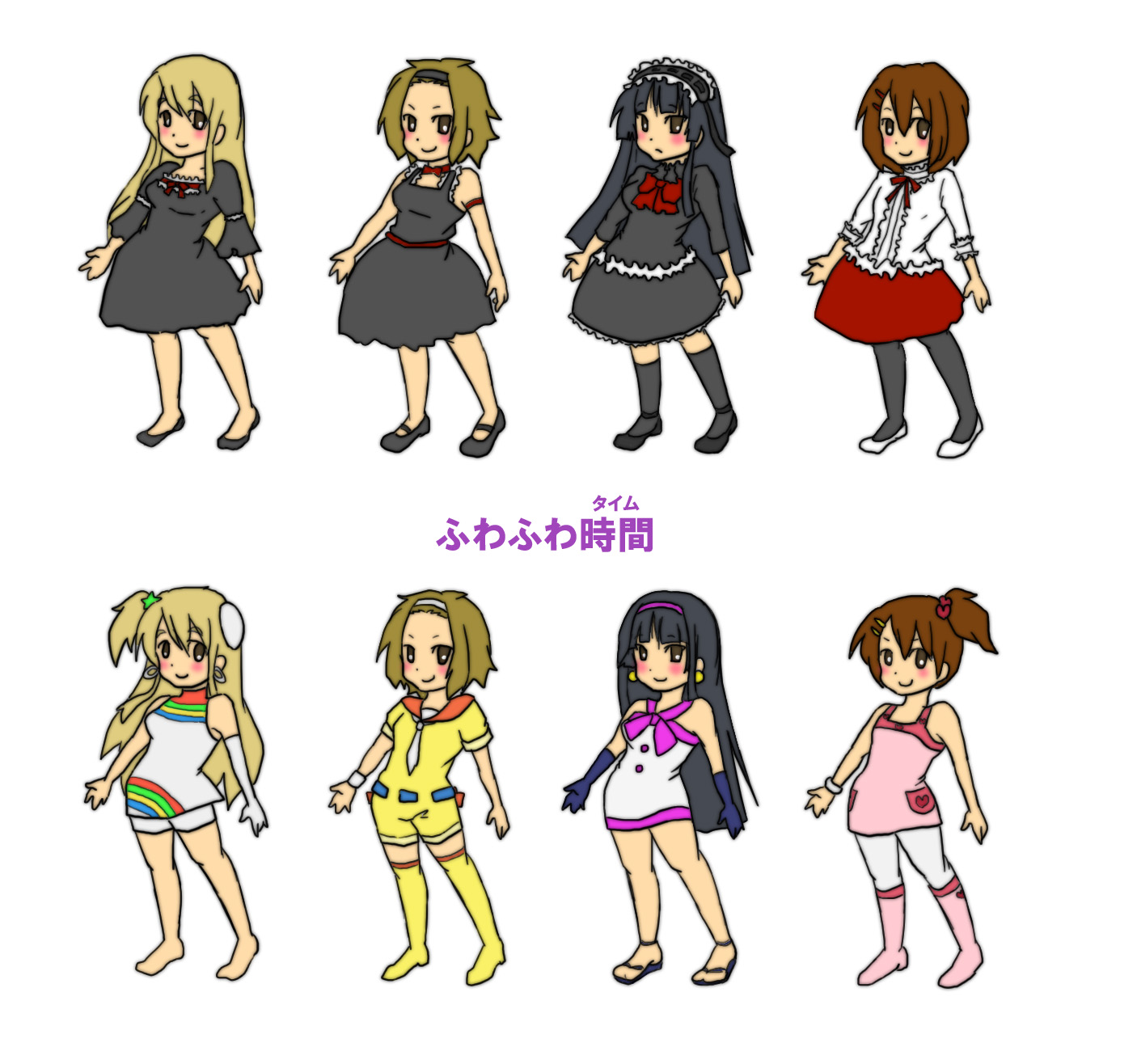 pukapuka, ukiwa, akiyama mio, hirasawa yui, kotobuki tsumugi, tainaka ritsu, fuwafuwa time, k-on!, bad id, bad pixiv id, highres, 00s, 4girls, barefoot, black hair, blonde hair, boots, brown hair, dress, gothic lolita, hairband, headband, ho-kago tea time, lolita fashion, long hair, mary janes, mod fashion, multiple girls, pantyhose, rainbow, ribbon, shoes, short hair, side ponytail, smile, socks, thigh boots, thighhighs, white pantyhose
