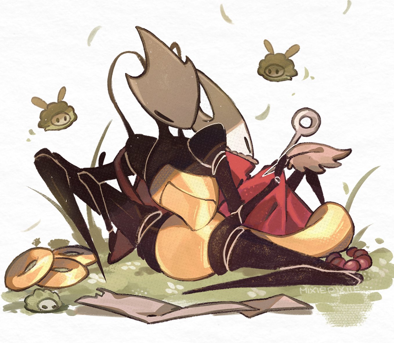 momoiiroo, hornet (hollow knight), shakra (hollow knight), hollow knight, hollow knight: silksong, antennae, arthropod girl, back-to-back, bag, bare shoulders, beads, black eyes, black skin, bracelet, cloak, colored skin, full body, gold bracelet, holding, holding quill, hollow eyes, horned mask, jewelry, map, mask, needle (hollow knight), no mouth, quill, red bag, red cloak, simple background, weapon, white background, white mask