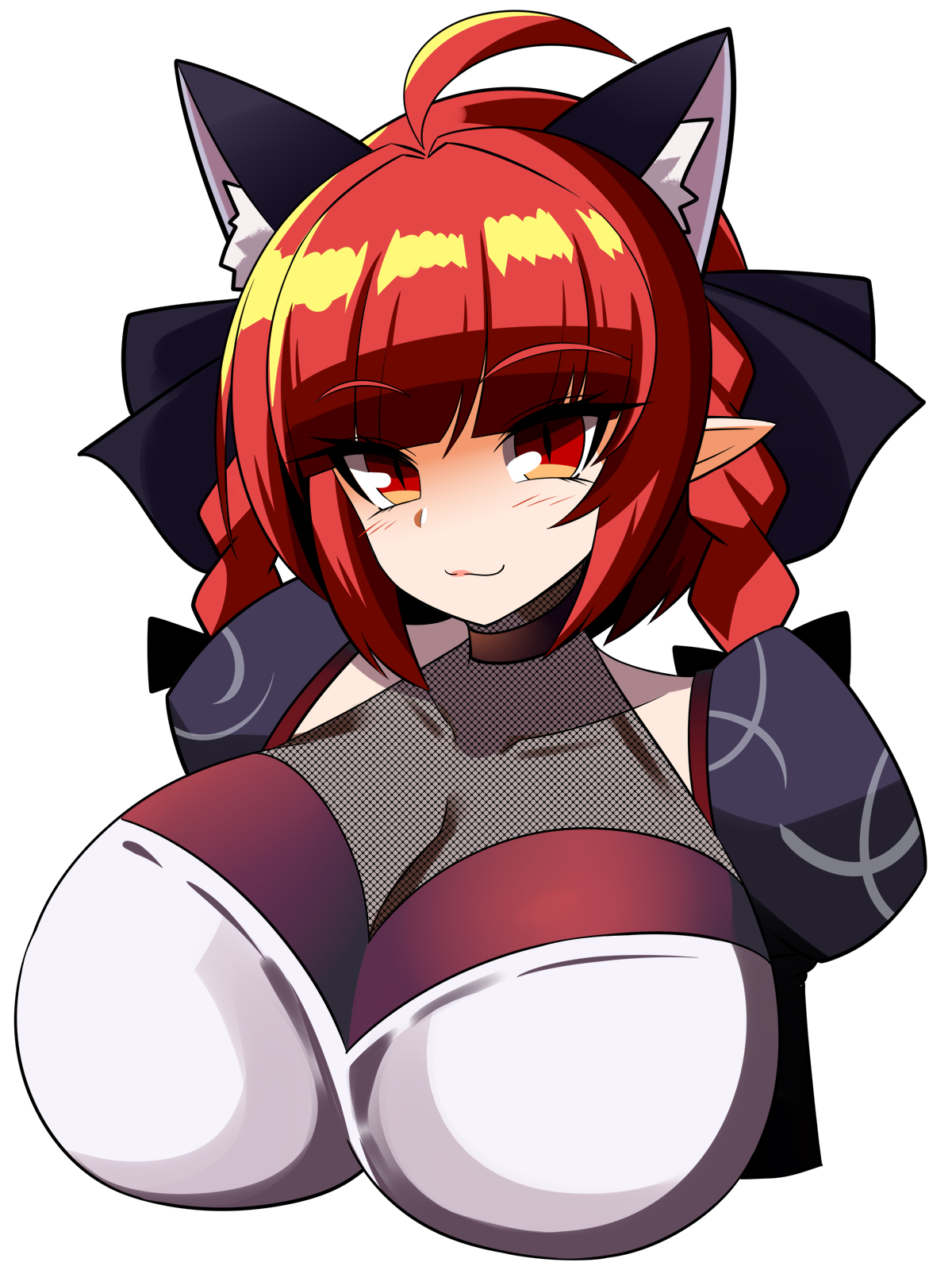 gero zoukin, kaenbyou rin, touhou, commentary, highres, 1girl, ahoge, alternate costume, animal ears, blunt bangs, braid, breasts, cat ears, cleavage, closed mouth, extra ears, huge breasts, pointy ears, red eyes, red hair, side braids, simple background, slit pupils, solo, twin braids, upper body, white background