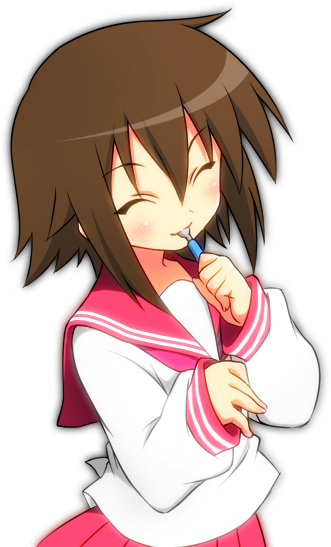 moyashi (m-planter), kusakabe misao, lucky star, 00s, 1girl, brown hair, closed eyes, female focus, fork, school uniform, serafuku, short hair, solo