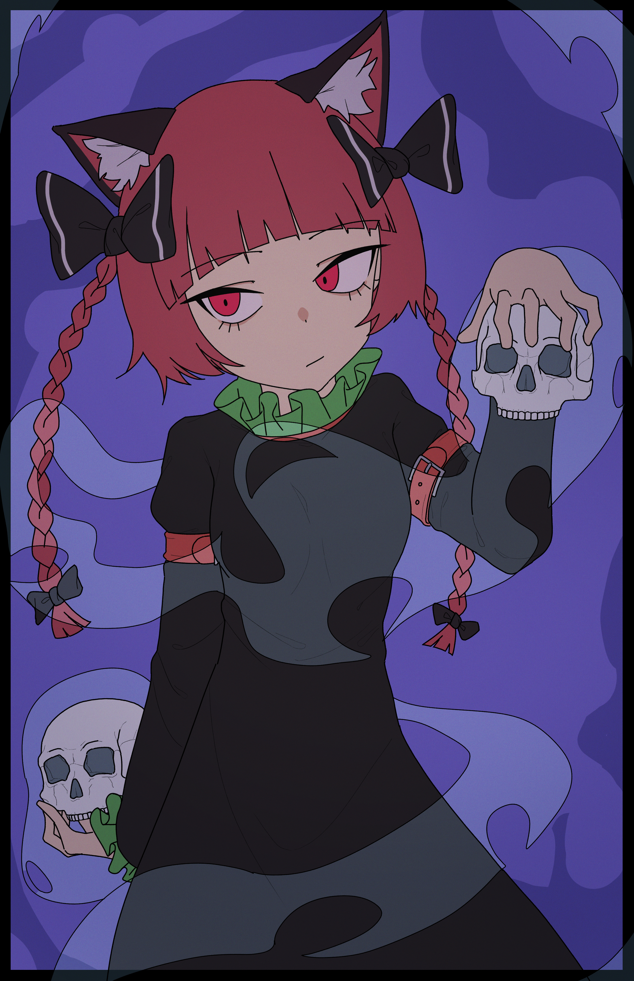akirama, kaenbyou rin, touhou, absurdres, commentary, highres, 1girl, animal ears, black bow, black dress, bow, braid, cat ears, cat girl, closed mouth, dress, hair bow, holding, holding skull, long hair, looking at viewer, purple background, red eyes, red hair, side braids, skull, solo, twin braids