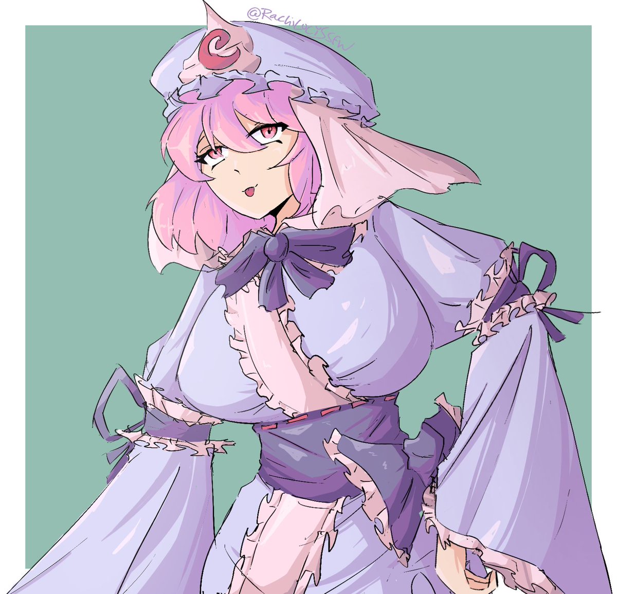 saigyouji yuyuko, touhou, commentary, 1girl, blue hat, blue kimono, border, breasts, frilled kimono, frills, green background, hair between eyes, hat, japanese clothes, kimono, large breasts, looking at viewer, mob cap, pink eyes, pink hair, rachilucis, short hair, simple background, solo, triangular headpiece, twitter username, white border