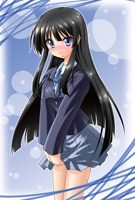 akari ryuryuwa, akiyama mio, k-on!, bad id, bad pixiv id, 00s, 1girl, black hair, blue eyes, blush, female focus, long hair, school uniform, solo, tears