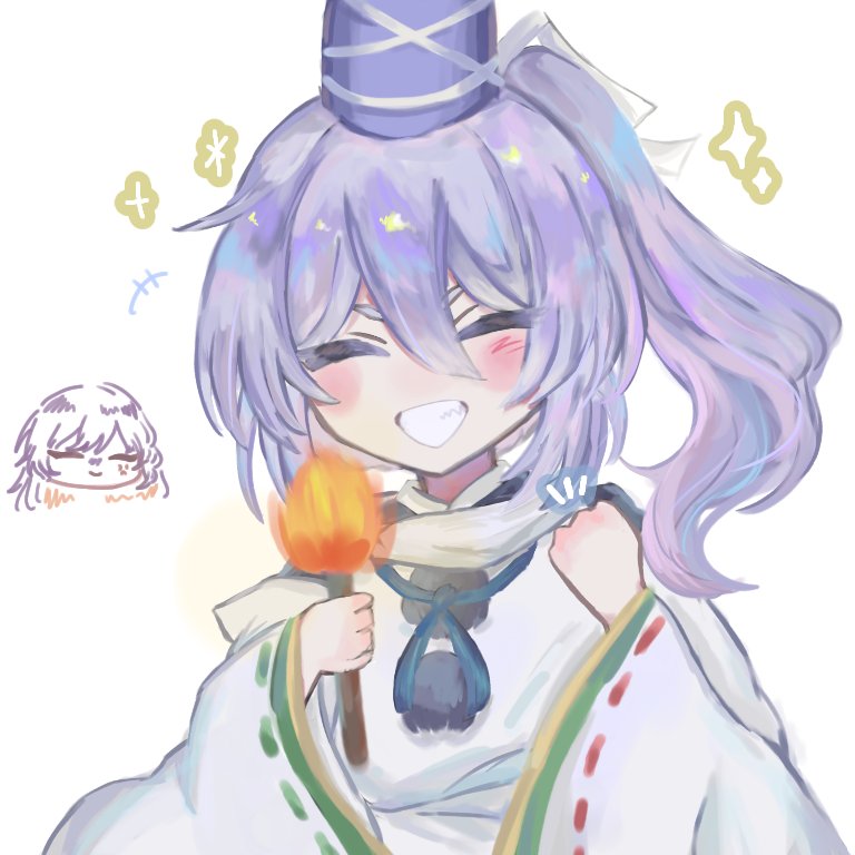 4pgcyogeni72180, hijiri byakuren, mononobe no futo, touhou, commentary request, 2girls, anger vein, blue hat, chibi, chibi inset, closed eyes, grey hair, hair between eyes, hat, holding, holding torch, medium hair, multiple girls, ofuda, ofuda on clothes, pom pom (clothes), ponytail, purple hair, ribbon-trimmed sleeves, ribbon trim, simple background, smile, solo focus, star (symbol), tate eboshi, torch, upper body, white background, wide sleeves