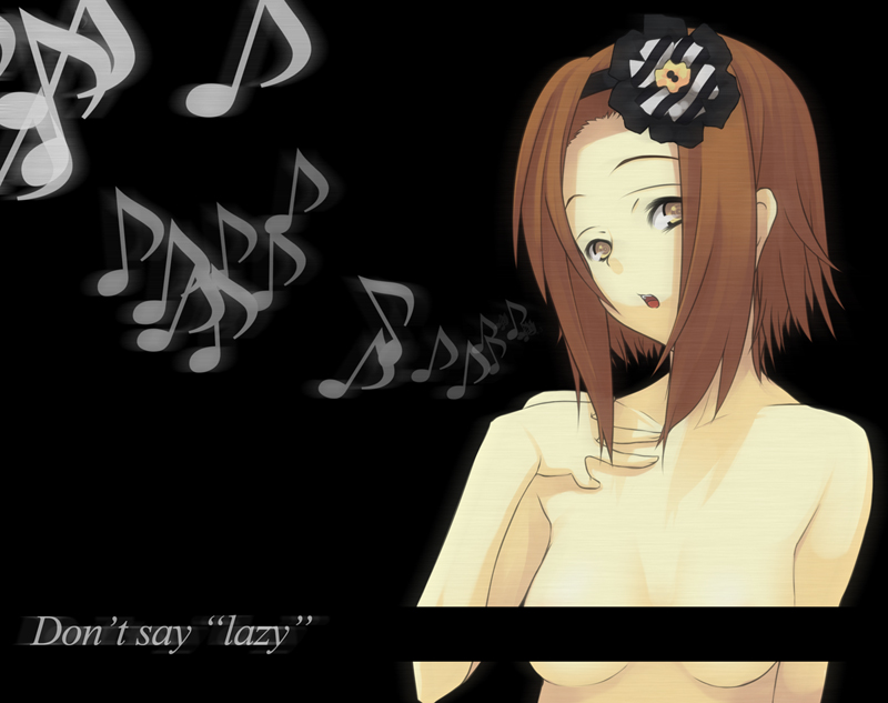 coach (artist), ko chi, tainaka ritsu, don't say "lazy", k-on!, striped, 00s, 1girl, breasts, brown eyes, brown hair, censored, completely nude, female focus, flower, hair flower, hair ornament, hairband, headband, music, musical note, nude, short hair, singing, solo, tomboy