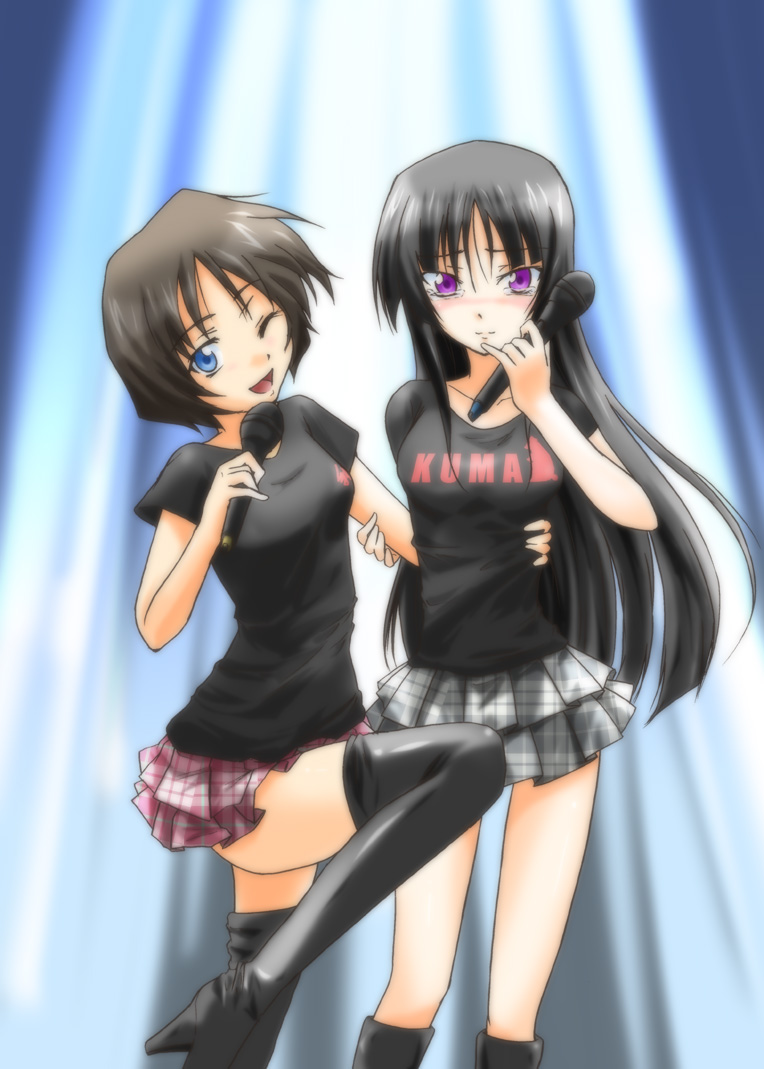 urutsu sahari, isayama yomi, tsuchimiya kagura, ga-rei, ga-rei zero, 00s, 2girls, black hair, blue eyes, blush, brown hair, kneehighs, long hair, microphone, multiple girls, purple eyes, short hair, skirt, socks, tears, thighhighs, wink, zettai ryouiki