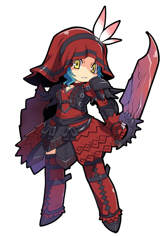 zankuro, capcom, monster hunter (series), bad id, bad pixiv id, blue hair, chibi, gloves, hood, simple background, solo, sword, weapon, white background, yellow eyes