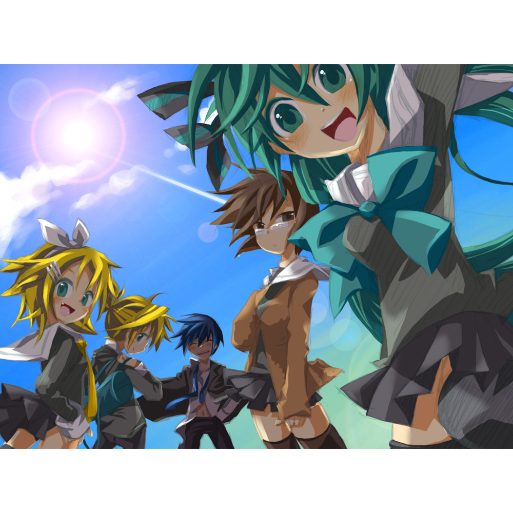 n:go, hatsune miku, kagamine len, kagamine rin, kaito (vocaloid), meiko (vocaloid), vocaloid, 2boys, 3girls, aqua hair, cloud, day, glasses, lens flare, multiple boys, multiple girls, school uniform, sky, sun