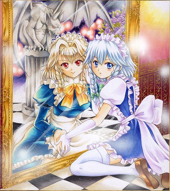 pemoko, izayoi sakuya, touhou, bad id, bad pixiv id, traditional media, 2girls, alternate color, alternate hair color, blonde hair, blue eyes, braid, different reflection, dual persona, female focus, flower, gargoyle, hairband, mirror, multiple girls, red eyes, reflection, short hair, thighhighs, twin braids, white thighhighs