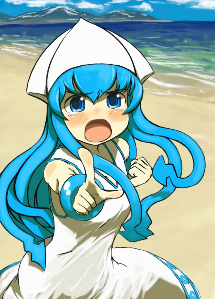 gigokku, ikamusume, shinryaku! ikamusume, beach, blue hair, blush, day, dress, hat, long hair, pointing, solo, squid, tears