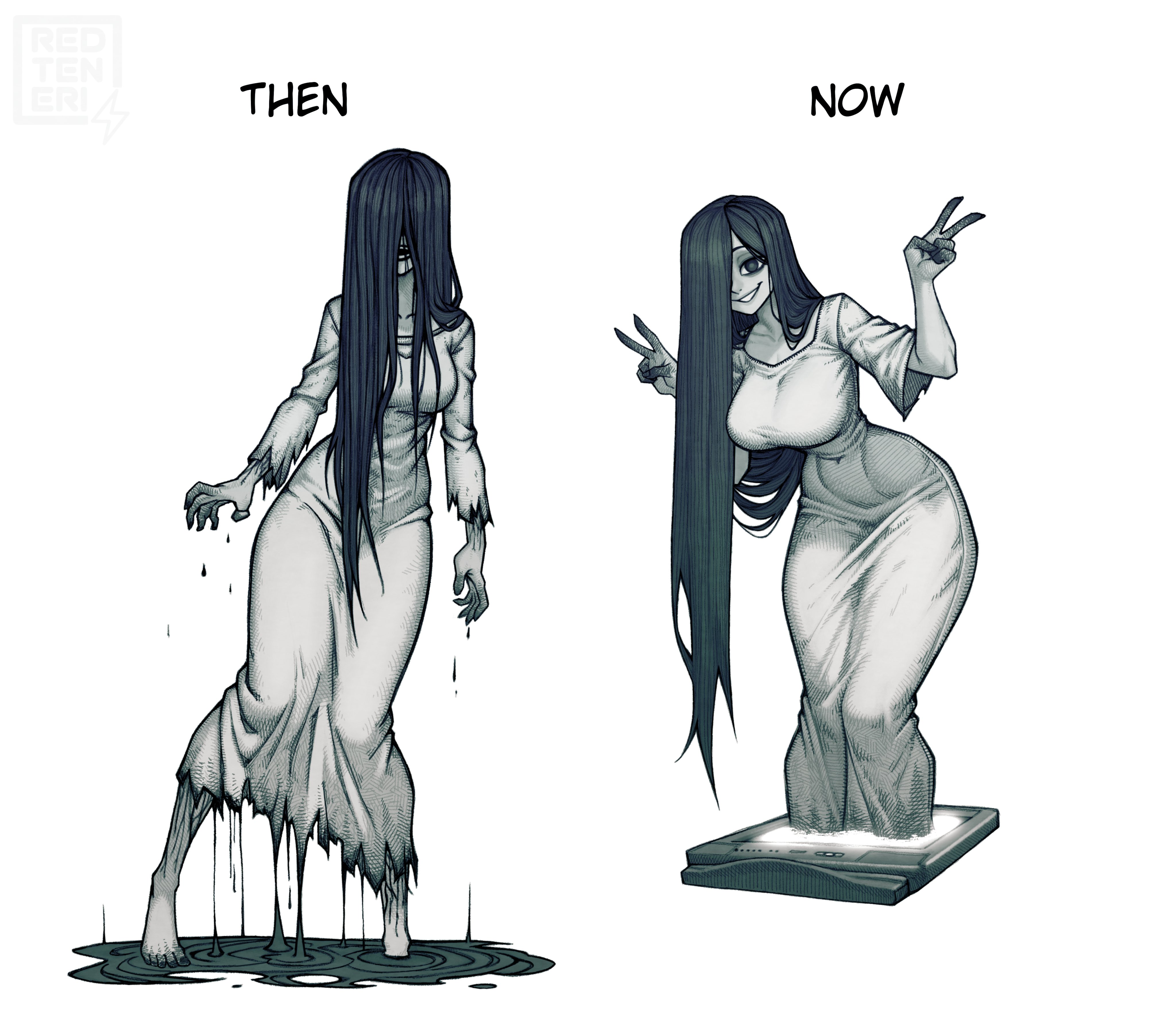 redteneri, yamamura sadako, the ring, absurdres, highres, 1girl, before and after, black eyes, breasts, cropped legs, dress, hair over eyes, hair over face, large breasts, long hair, looking at viewer, pale skin, simple background, smile, through medium, through screen, tight clothes, tight dress, torn clothes, very long hair