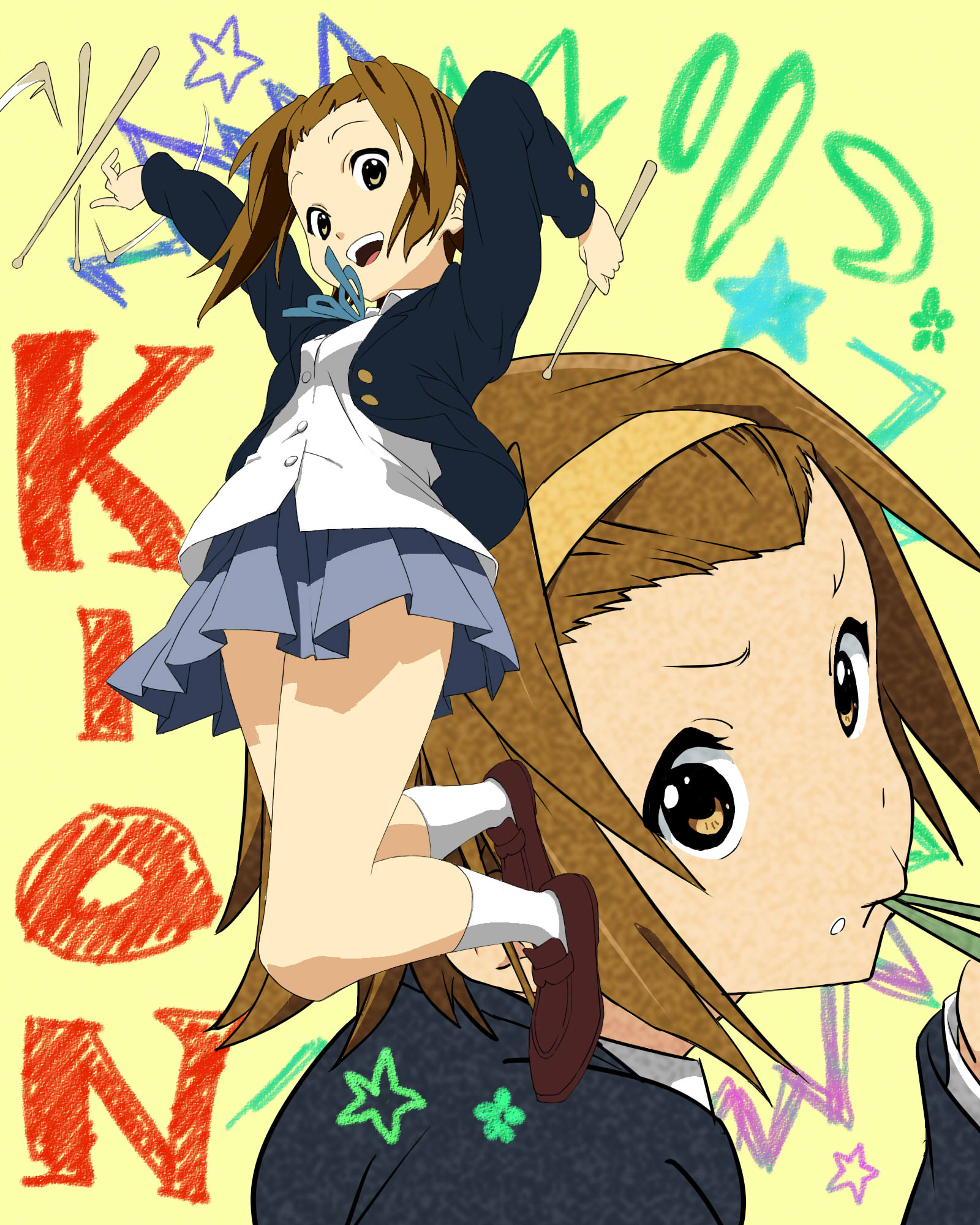 manekko buta, tainaka ritsu, k-on!, bad id, bad pixiv id, highres, 00s, 1girl, blazer, brown eyes, brown hair, chalk, crayon, drumsticks, eating, female focus, from above, from below, happy, headband, jacket, jumping, loafers, looking down, looking up, pleated skirt, pout, ribbon, school uniform, shoes, short hair, skirt, smile, socks, solo, spinning, star (symbol), tomboy, white socks