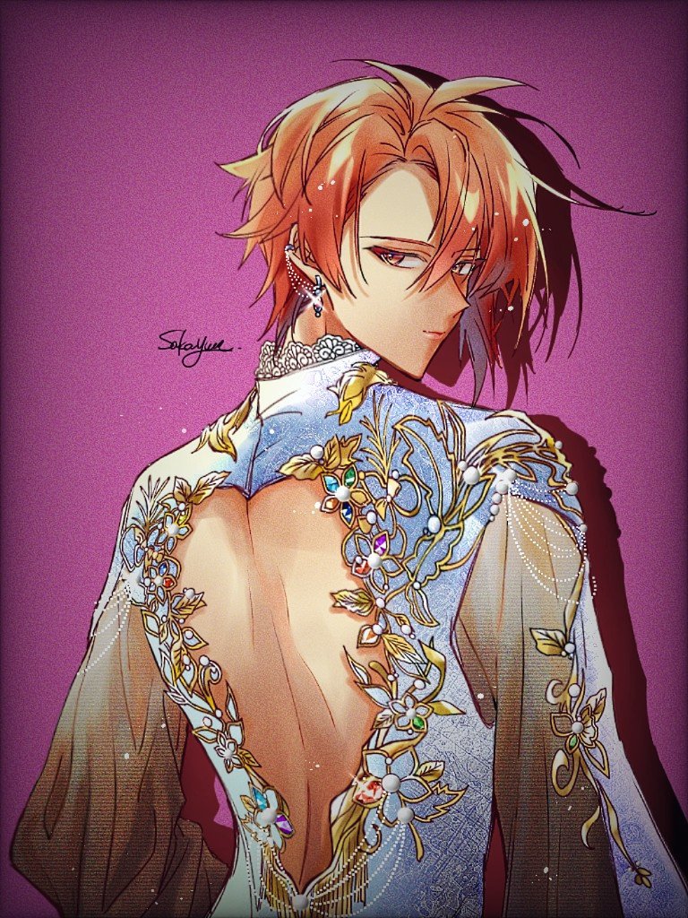 nanase riku, idolish7, 1boy, back, closed mouth, ear chain, flower, from behind, linked piercing, long sleeves, male focus, orange eyes, orange hair, piercing, pink background, sakayume (sakayume 1103), short hair, sideways glance, signature, solo, upper body