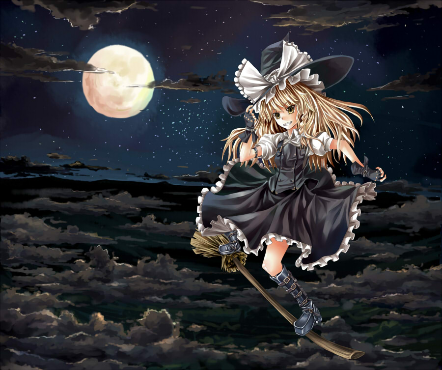 mizuno (miznon35), kirisame marisa, touhou, 1girl, blonde hair, boots, braid, broom, broom surfing, cloud, female focus, fingerless gloves, gloves, hat, moon, outdoors, sky, solo, witch, witch hat, yellow eyes
