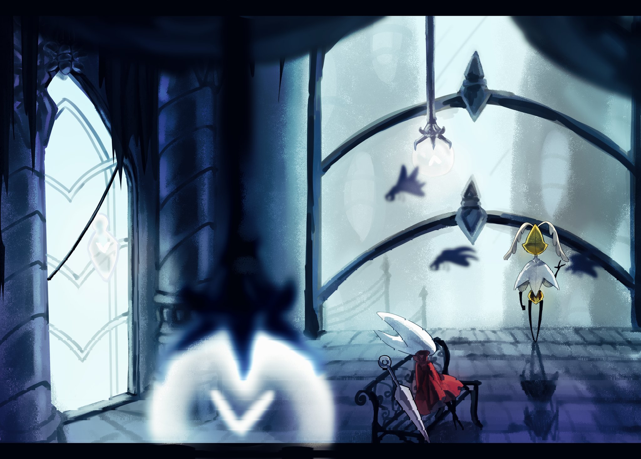 hornet (hollow knight), hollow knight, hollow knight: silksong, highres, 1girl, 1other, against glass, arthropod girl, arthropod limbs, bench, black skin, blurry, blurry foreground, cloak, colored skin, full body, hand on glass, horned mask, horns, indoors, letterboxed, looking at another, mask, needle (hollow knight), no humans, oxide cat, red cloak, second sentinel (hollow knight), sitting, standing, weapon, white cloak, white mask