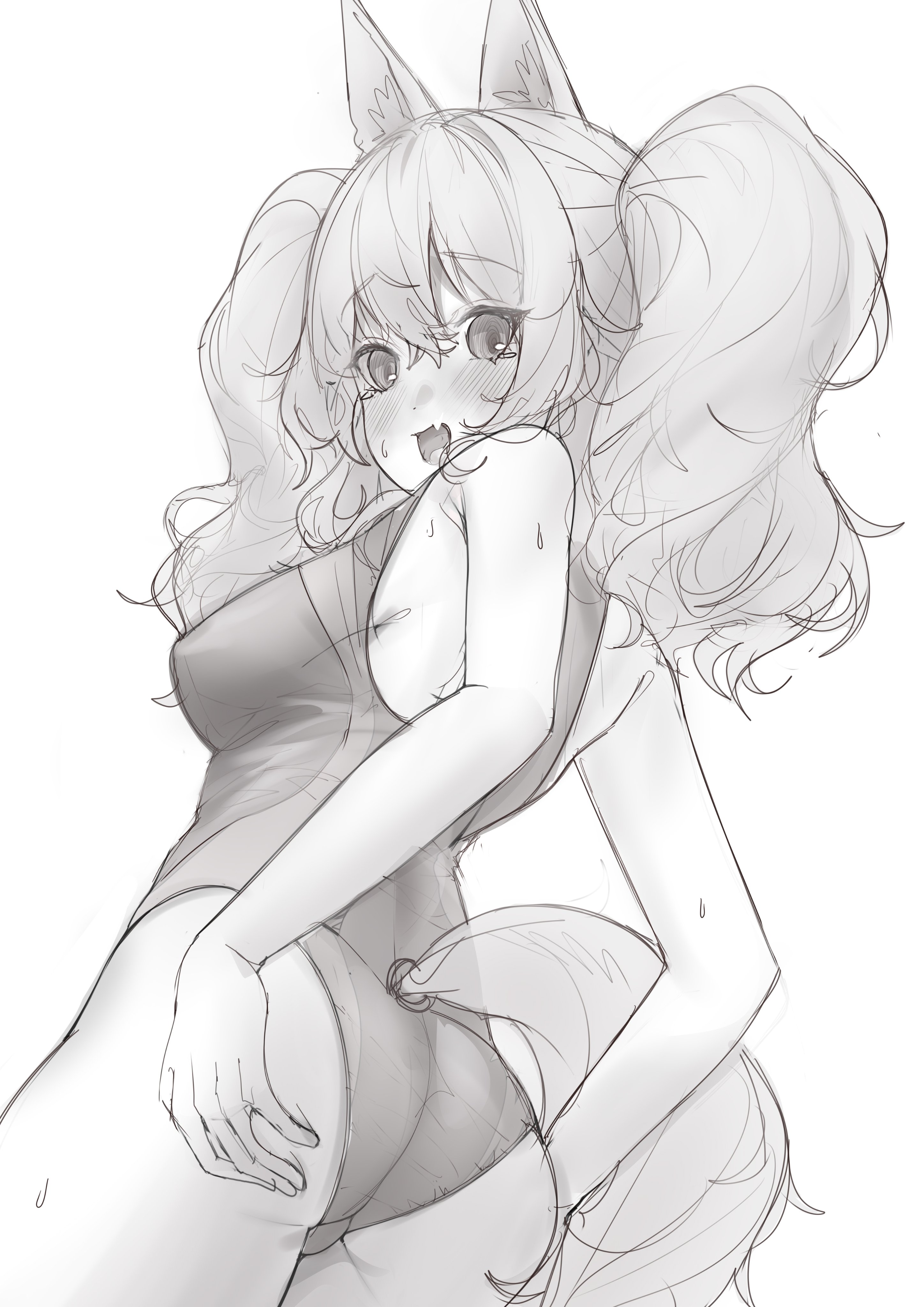 fourtwelve, angelina (arknights), angelina (summer flower) (arknights), arknights, absurdres, highres, 1girl, :d, ass, blush, breasts, dot nose, embarrassed, fang, fox girl, fox tail, from behind, greyscale, hand on own ass, long hair, medium breasts, monochrome, one-piece swimsuit, open mouth, simple background, skin fang, smile, solo, swimsuit, tail, twintails, white background